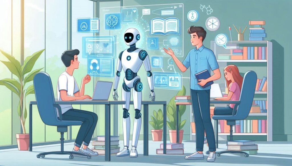 Ilustrasi AI yang berinteraksi dengan manusia dalam lingkungan kerja kolaboratif, atau AI yang mengkustomisasi materi pembelajaran bagi seorang siswa